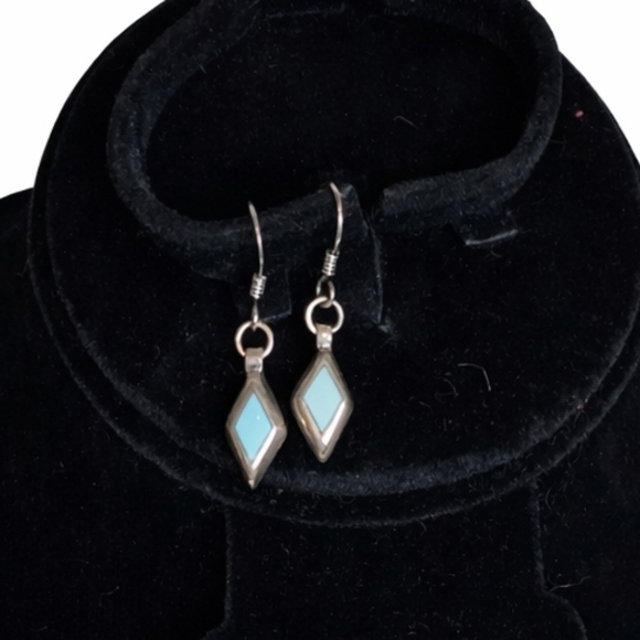 Southwestern Turquoise Diamond Dangle Earrings SilverWestern Boho Cowgirl - Picture 2 of 7